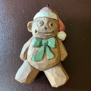 VTG BROWN TEDDY BEAR HAND-CARVED WOODEN ORNAMENT
